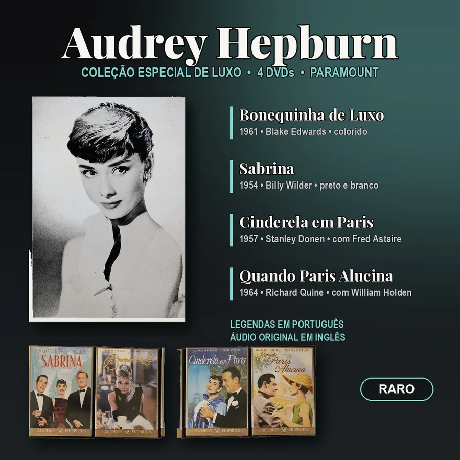 Box DVD Audrey Hepburn — Coleção Especial de Luxo, 4 filmes (Bonequinha de Luxo, Sabrina e mais) — raro, original, usado